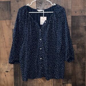 Women’s Sz Large Lauren Conrad Navy and White Polka Dot Button-Down Blouse NWT
